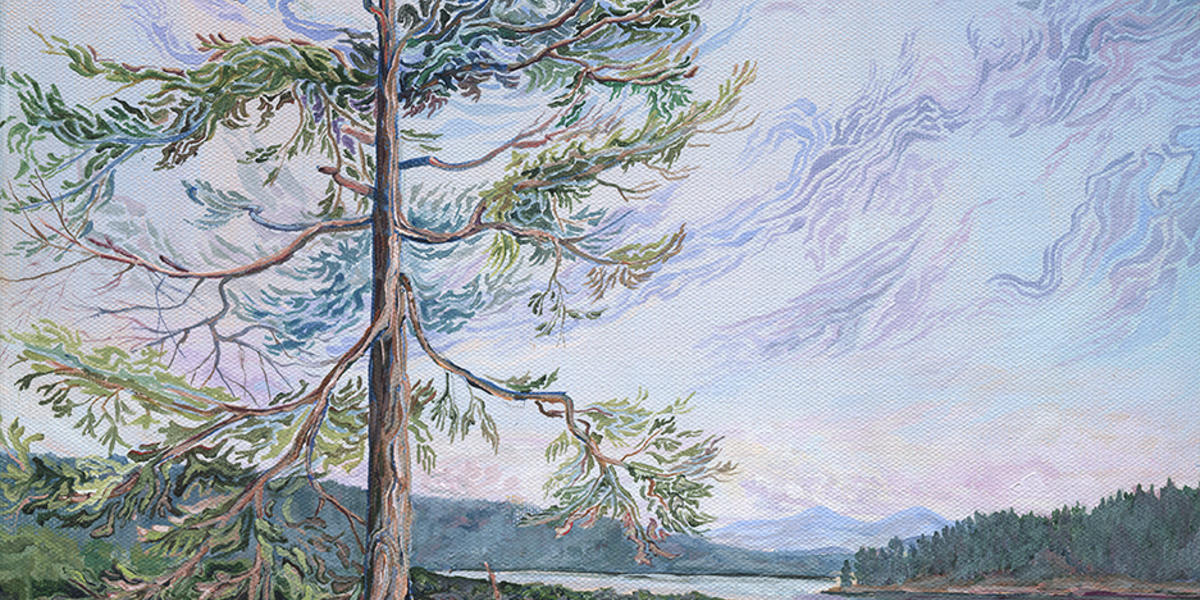 Sentinel Fir at Porlier Pass, Dionisio Point Provincial Park, Galiano Island, original acrylic painting of a Douglas fir tree, breezy sky, Gulf Islands, shoreline and sandstone in the Salish Sea by artist Jeanne Erickson.